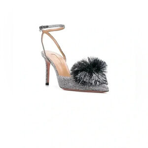 AQUAZZURA SILVER POMPOM SLINGBACK SANDALS